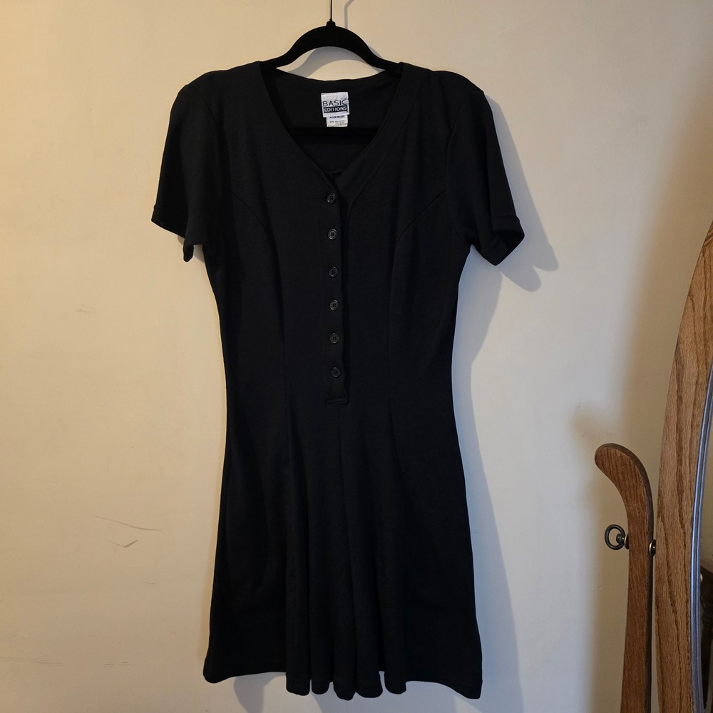 Basic Editions Black V-Neck Button Front Short Sleeve Jersey Knit Romper Medium
